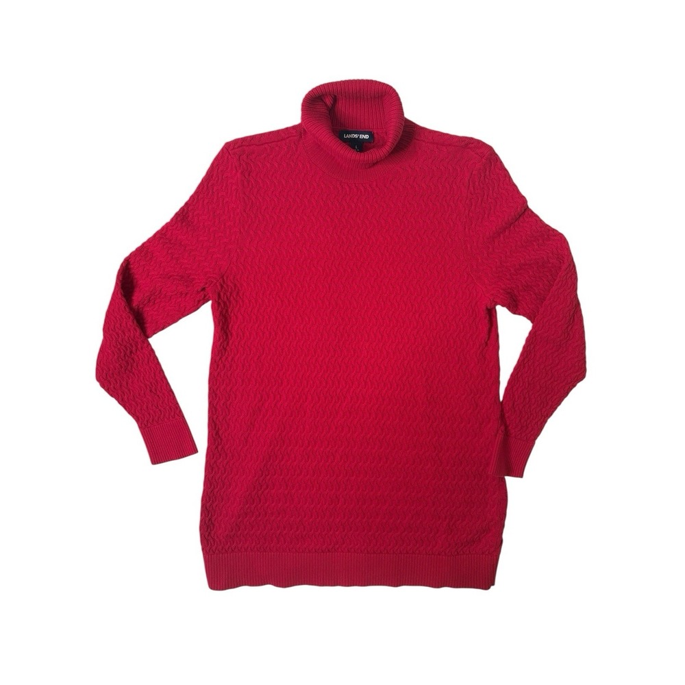 Lands End Red Sweater Cotton Textured Turtleneck‎ Tunic Long Womens L